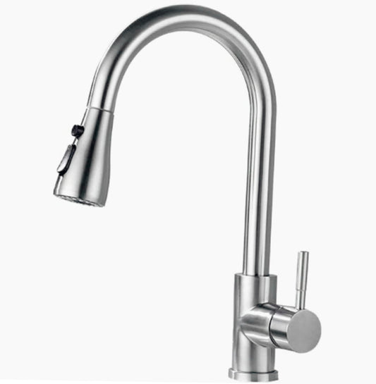 Rubinetto da cucina canna alta con doccetta 2 modalità di getto, ottone satinato - design moderno