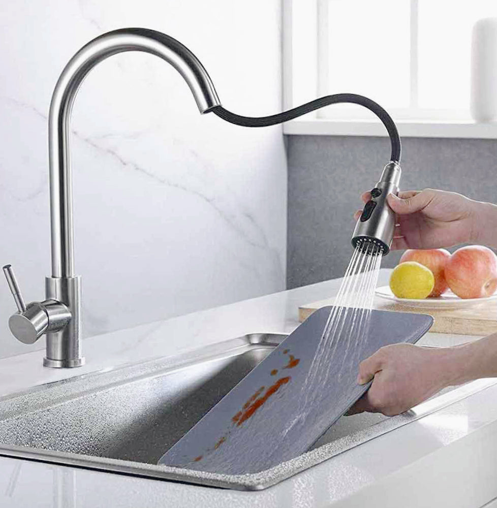 Rubinetto da cucina canna alta con doccetta 2 modalità di getto, ottone satinato - design moderno