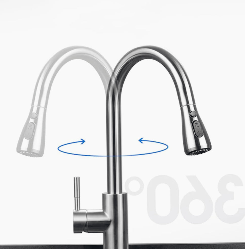 Rubinetto da cucina canna alta con doccetta 2 modalità di getto, ottone satinato - design moderno
