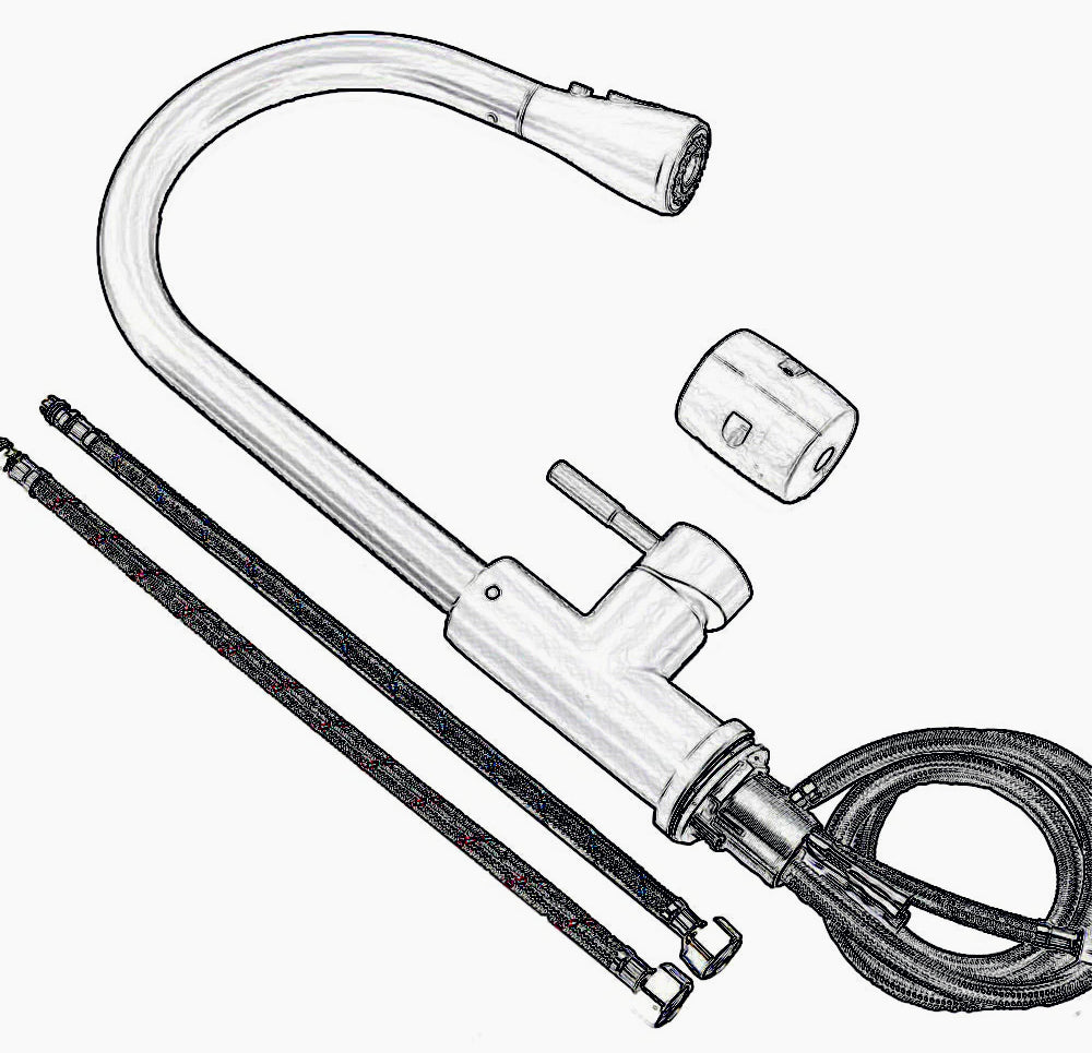 Rubinetto da cucina canna alta con doccetta 2 modalità di getto, ottone satinato - design moderno