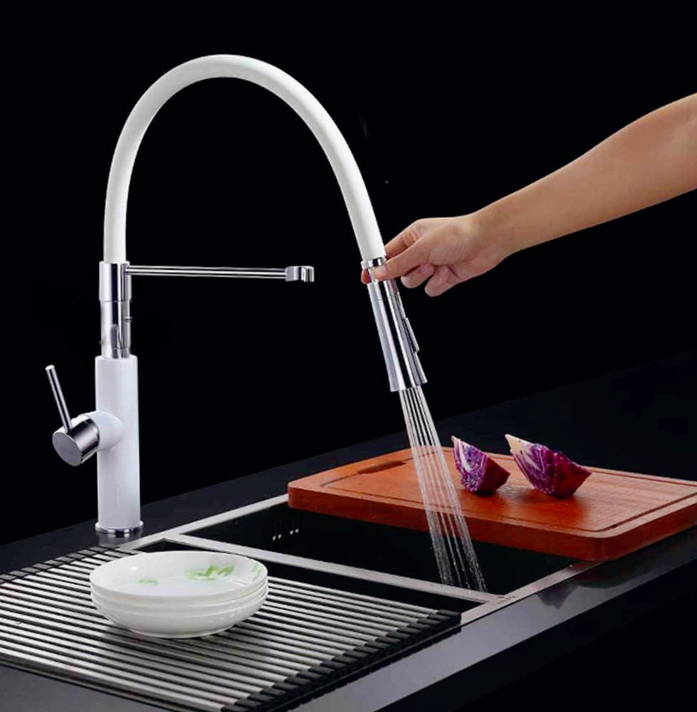 Rubinetto con doccetta in silicone canna alta 2 getti, acciaio bianco - elegante e funzionale