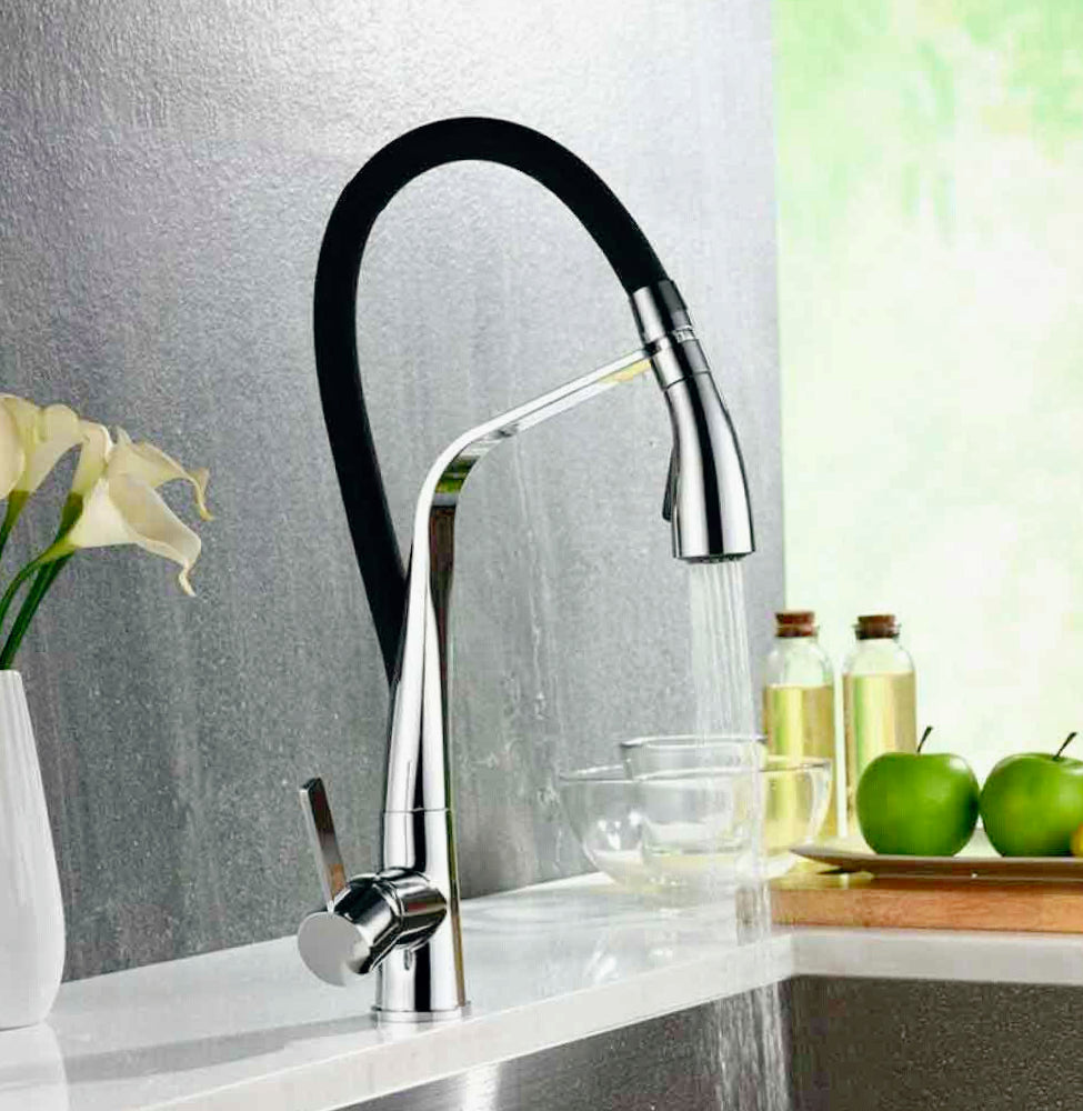 Rubinetto con doccetta in silicone canna alta 2 getti, acciaio e nero - elegante e funzionale