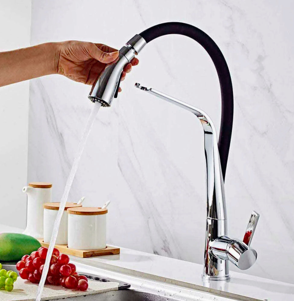 Rubinetto con doccetta in silicone canna alta 2 getti, acciaio e nero - elegante e funzionale
