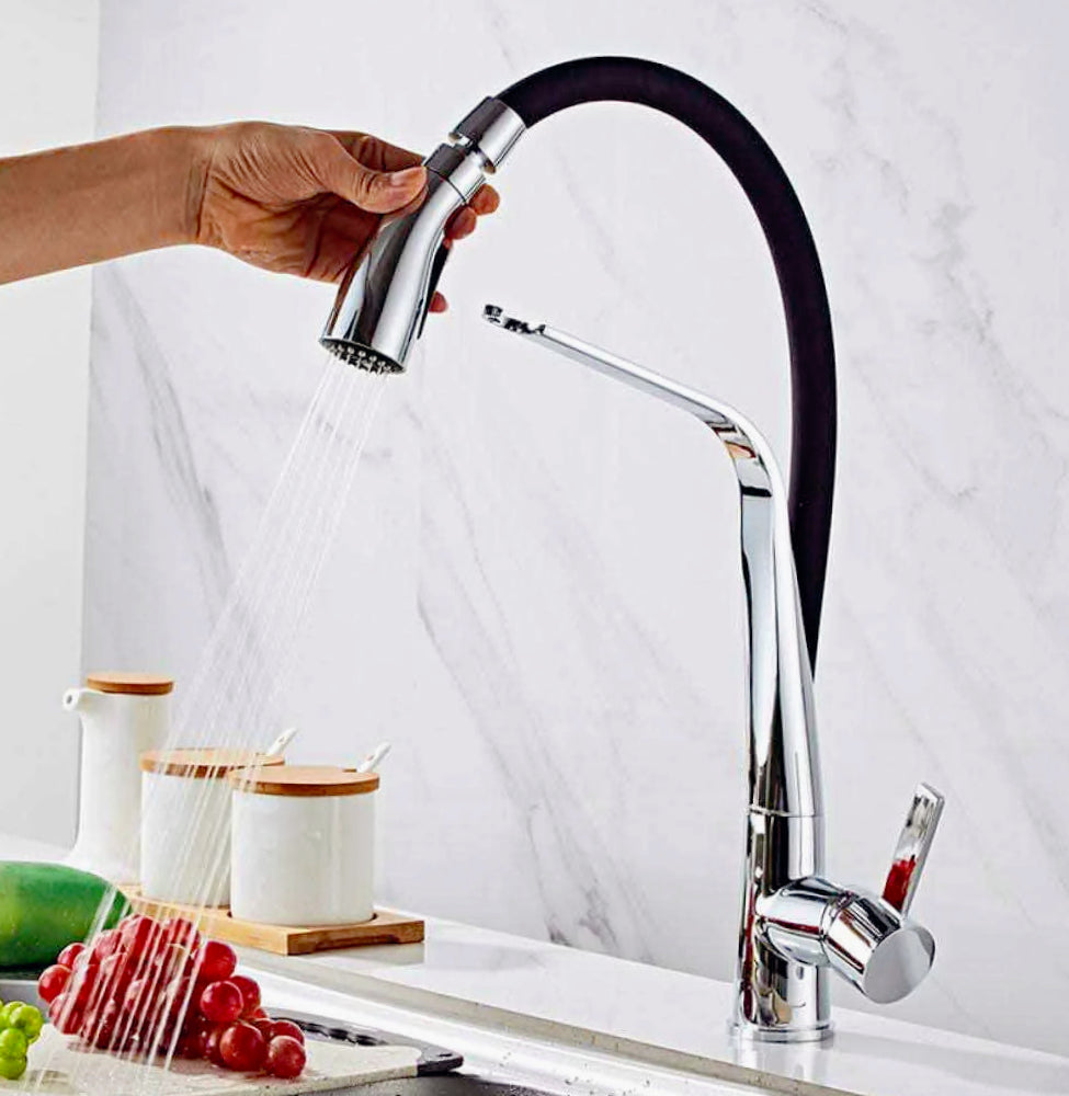 Rubinetto con doccetta in silicone canna alta 2 getti, acciaio e nero - elegante e funzionale
