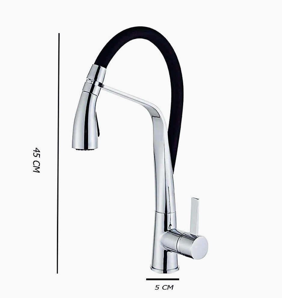 Rubinetto con doccetta in silicone canna alta 2 getti, acciaio e nero - elegante e funzionale