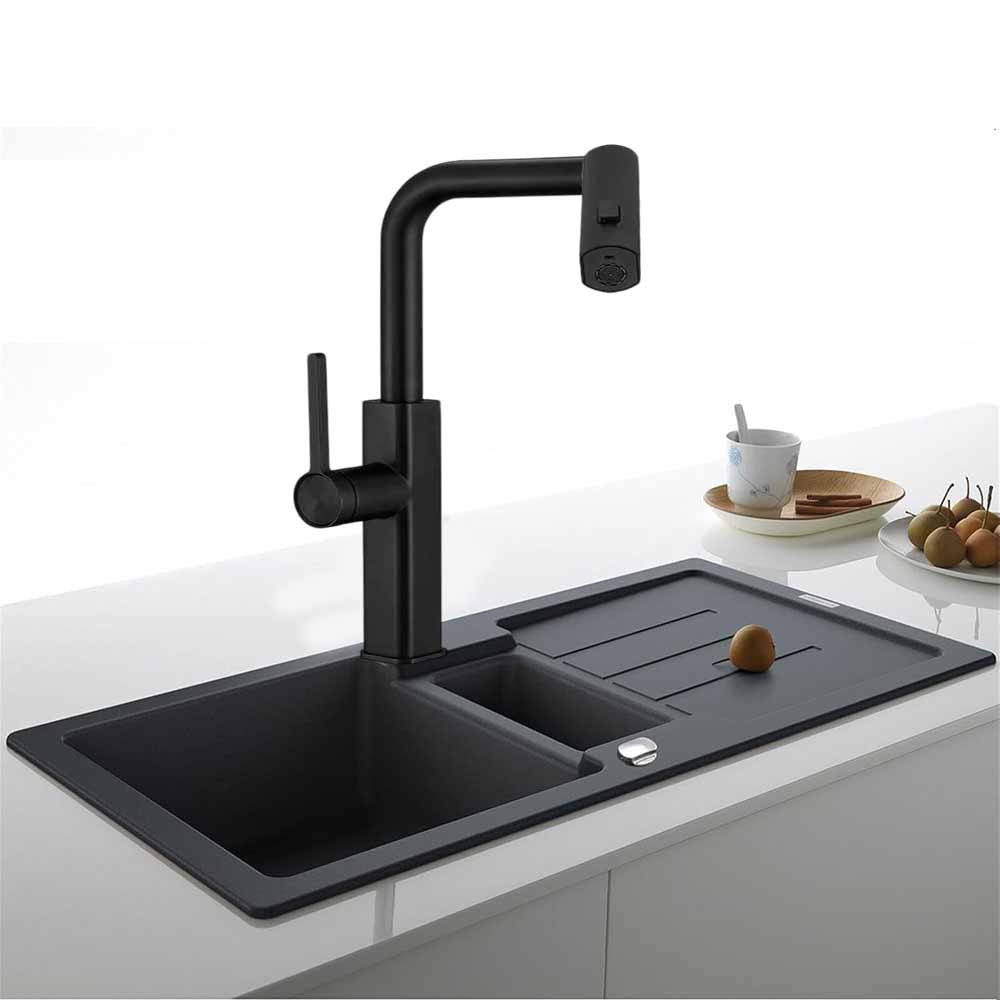 Rubinetto cucina estraibile con erogatore girevole 2 getti nero