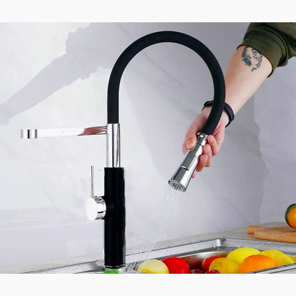 Rubinetto da cucina canna alta 2 getti con doccetta in silicone, finitura acciaio nero - design moderno