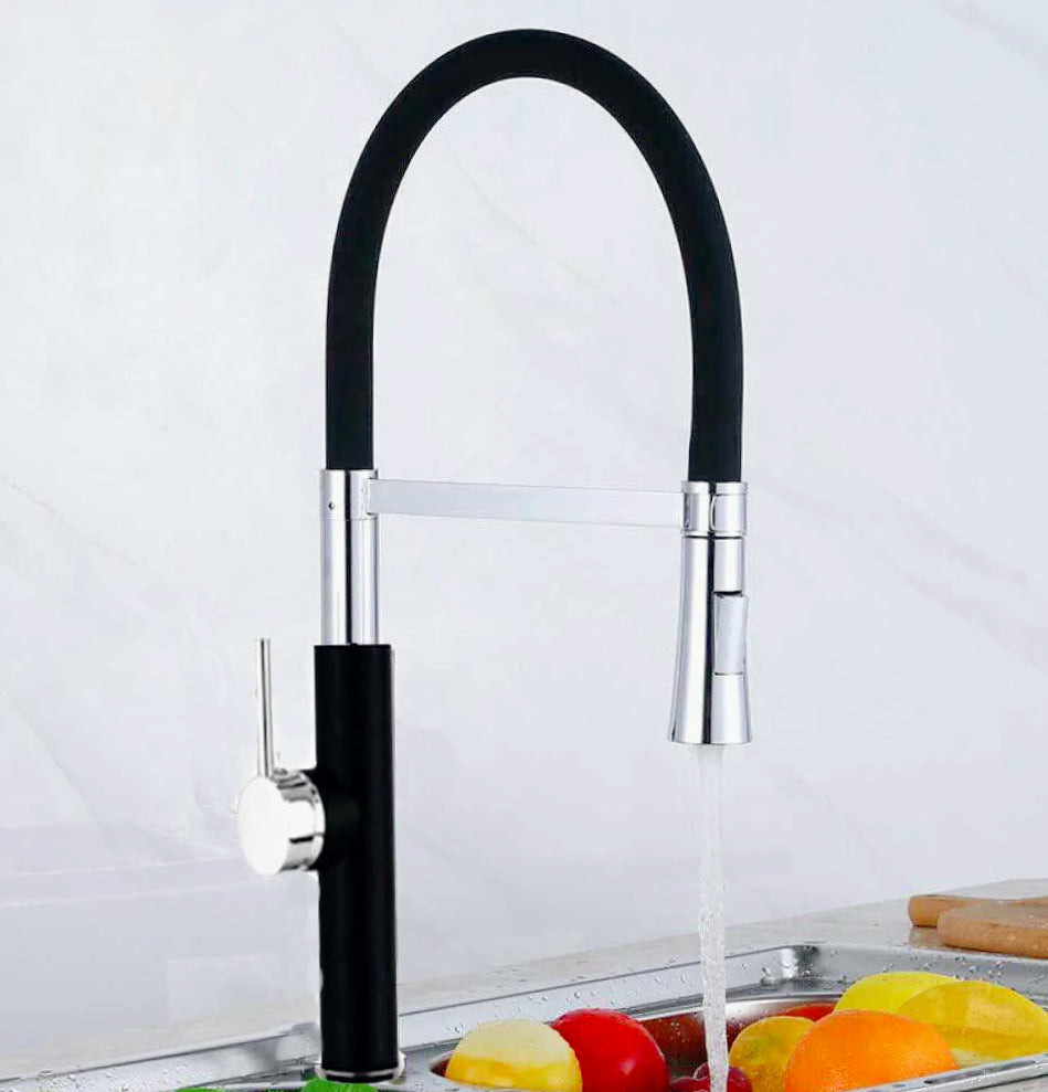 Rubinetto da cucina canna alta 2 getti con doccetta in silicone, finitura acciaio nero - design moderno