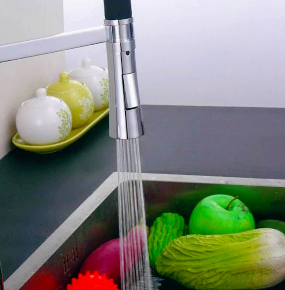 Rubinetto da cucina canna alta 2 getti con doccetta in silicone, finitura acciaio nero - design moderno