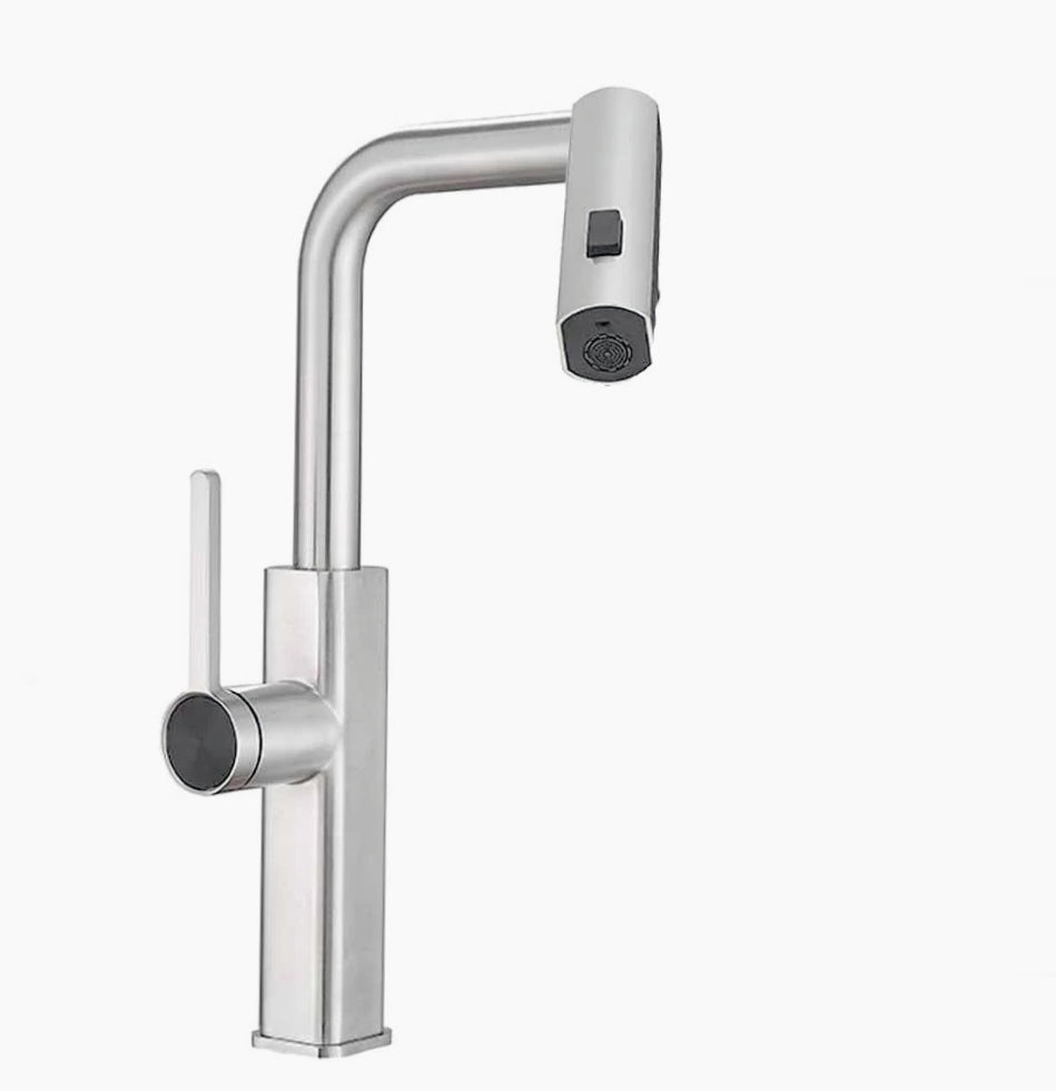 Rubinetto per cucina estraibile a 2 getti con erogatore girevole, cromato lucido - design pratico e curato