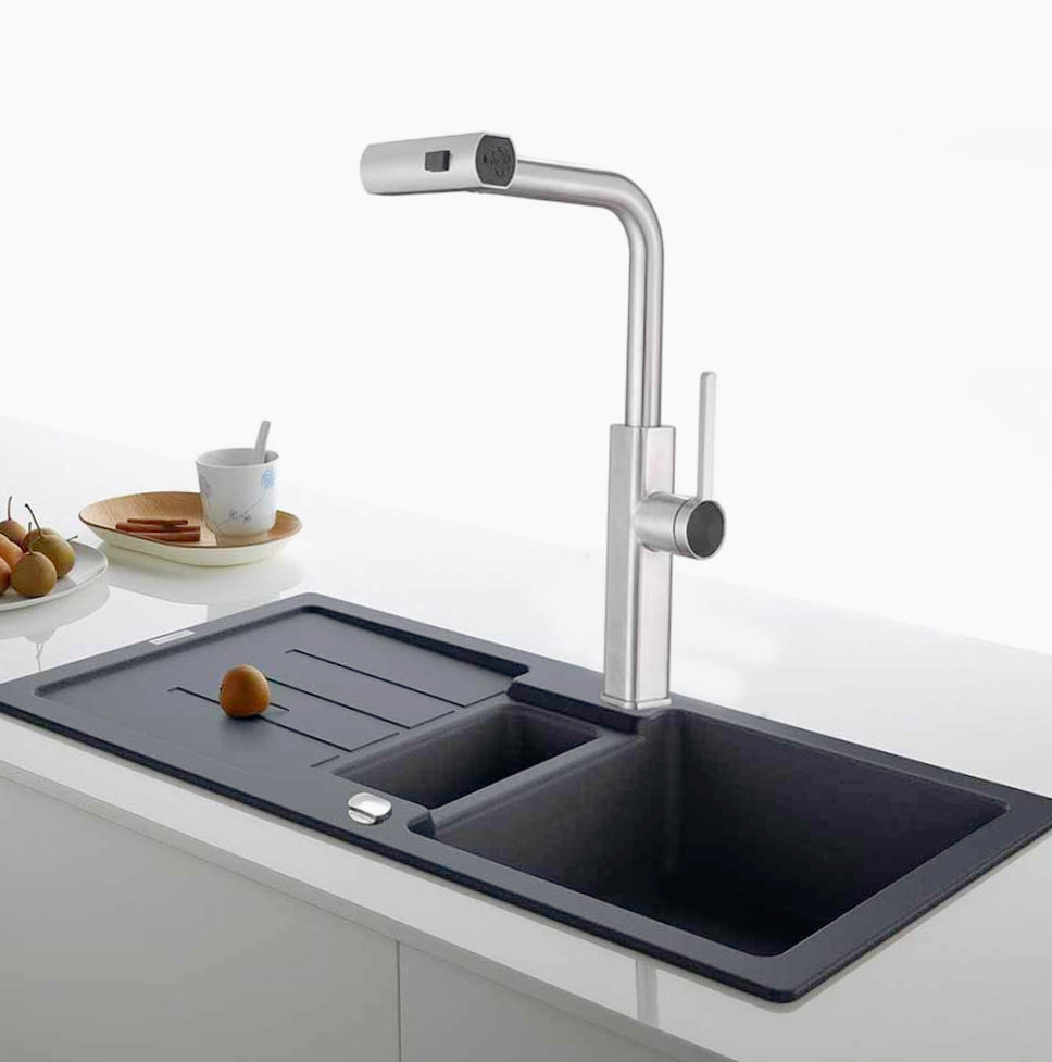 Rubinetto per cucina estraibile a 2 getti con erogatore girevole, cromato lucido - design pratico e curato
