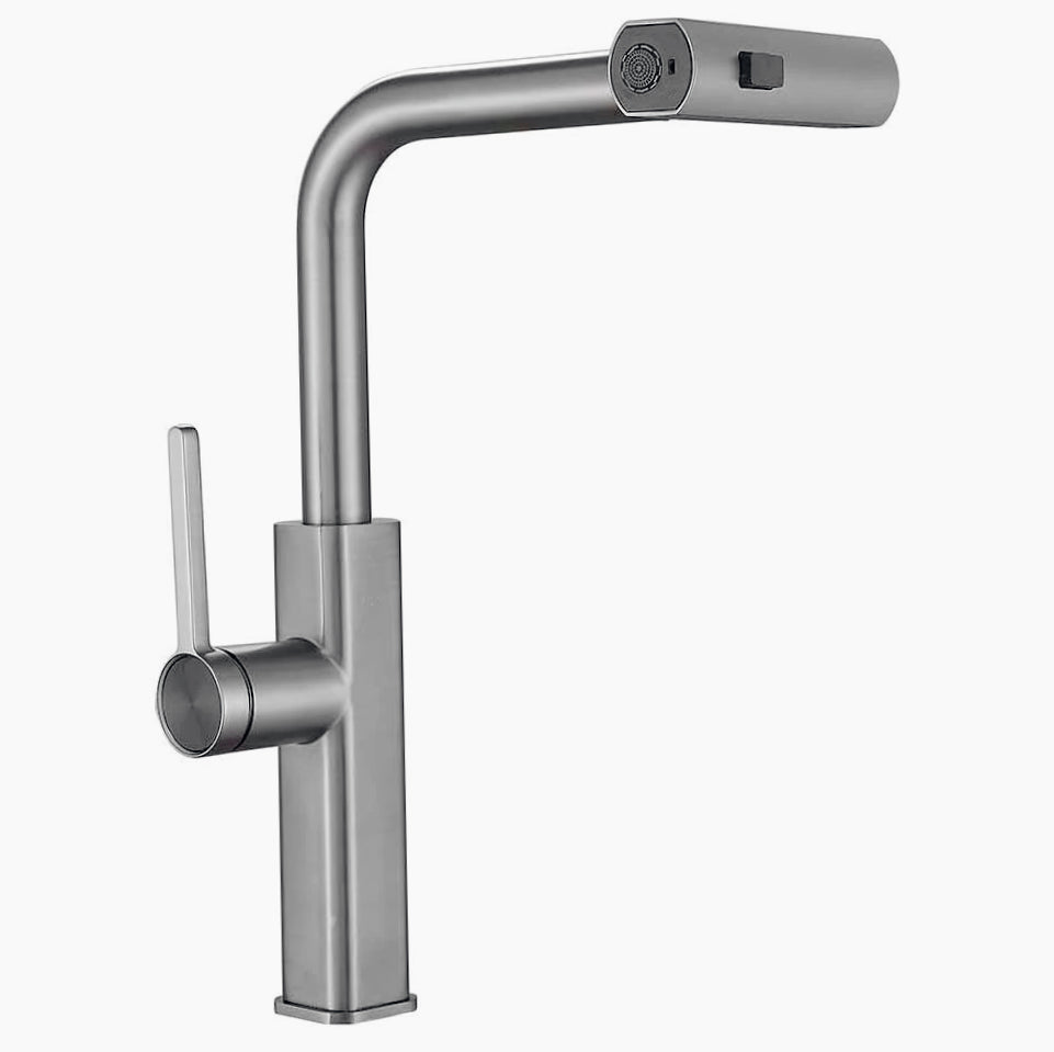 Rubinetto per cucina estraibile a 2 getti con erogatore girevole, finitura satinato - design moderno e curato