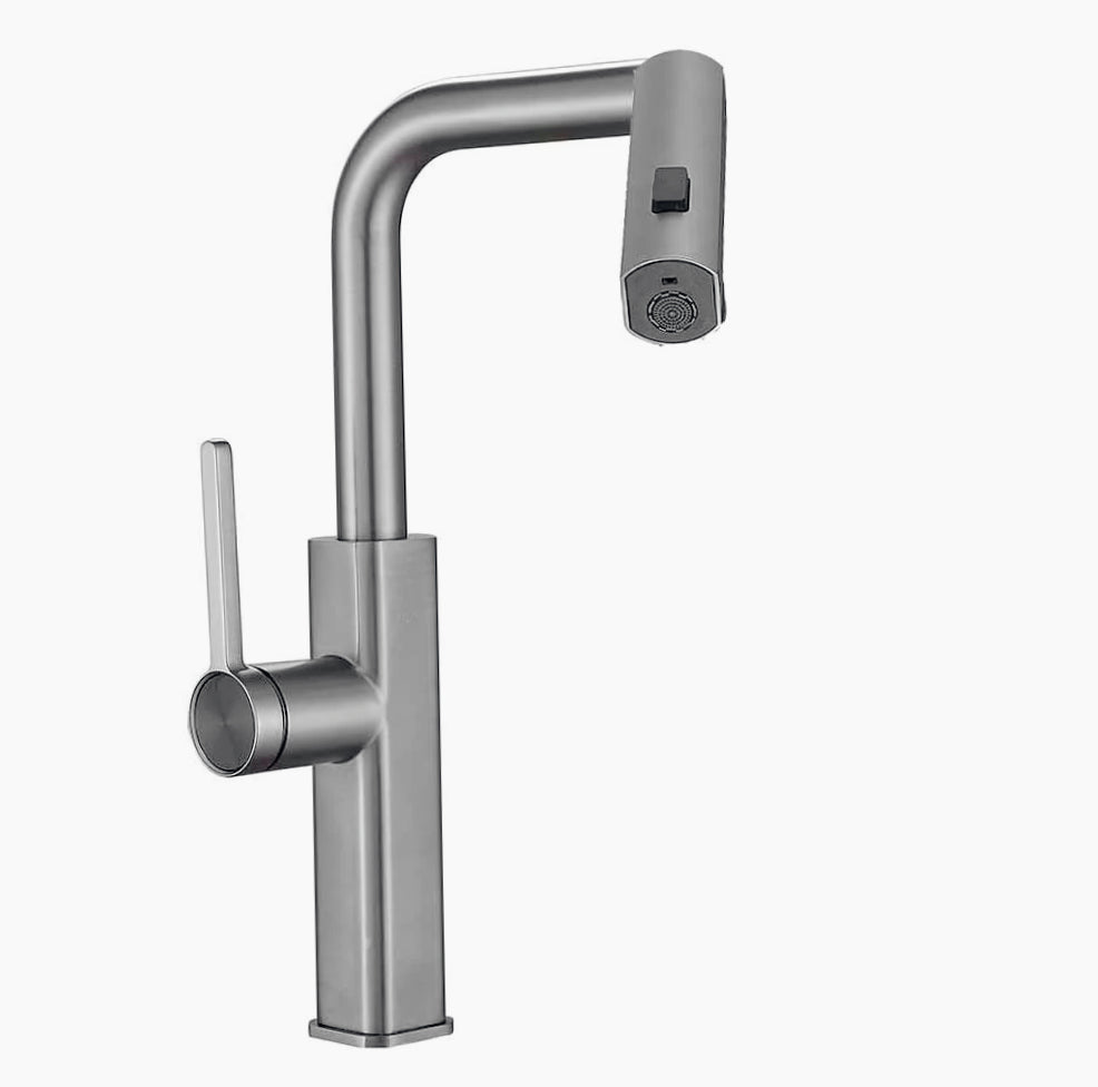 Rubinetto per cucina estraibile a 2 getti con erogatore girevole, finitura satinato - design moderno e curato