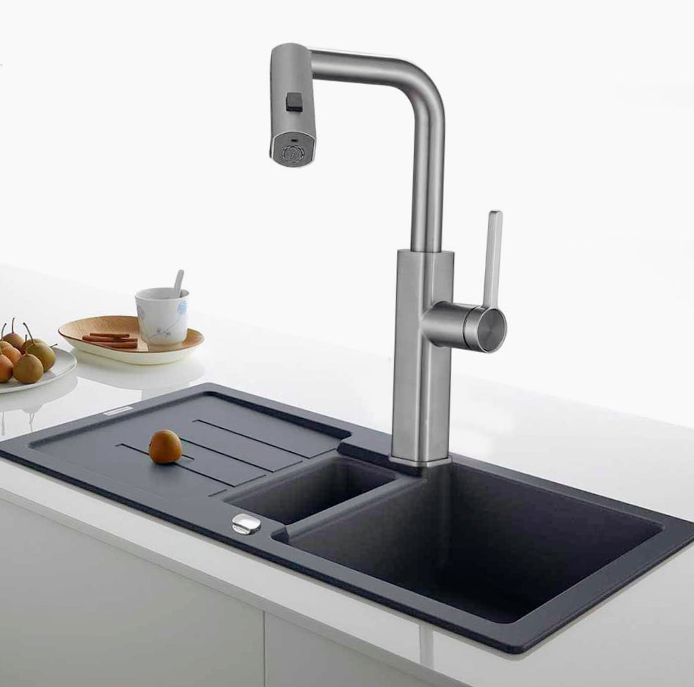 Rubinetto per cucina estraibile a 2 getti con erogatore girevole, finitura satinato - design moderno e curato