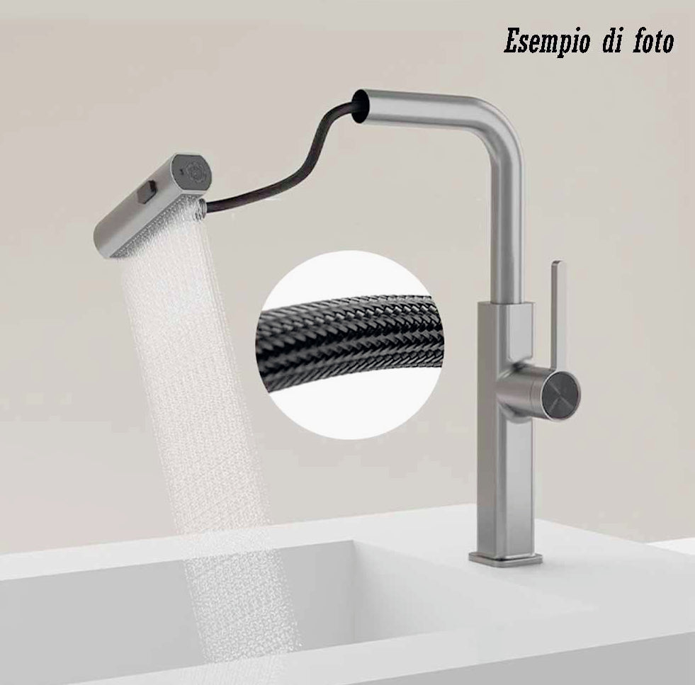 Rubinetto per cucina estraibile a 2 getti con erogatore girevole, finitura satinato - design moderno e curato
