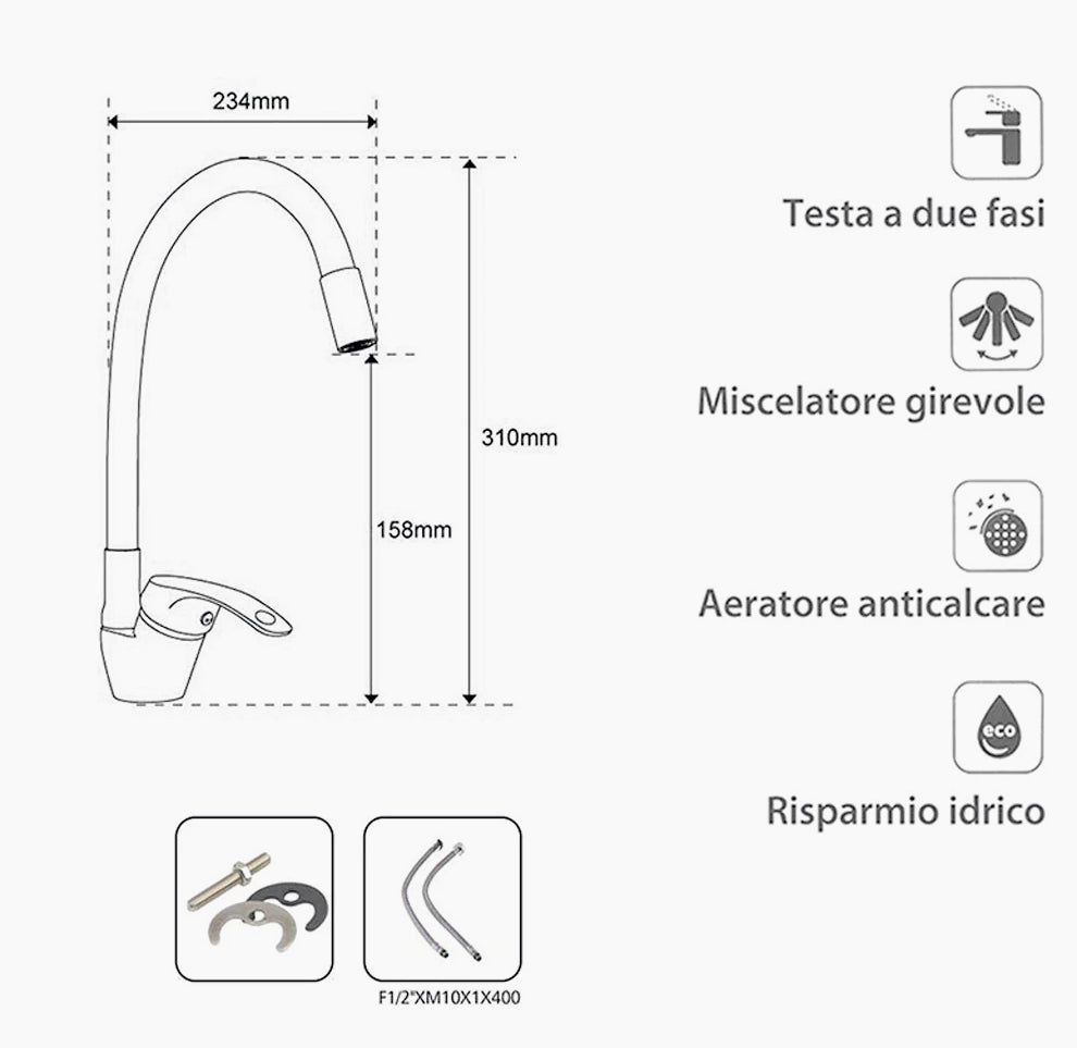 Rubinetto da lavello canna alta flessibile in silicone orientabile - pratico e funzionale