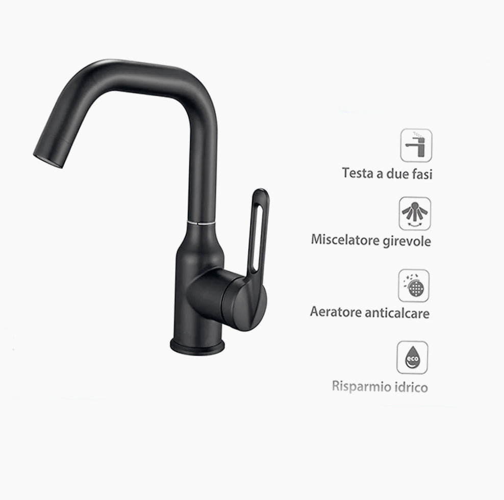 Rubinetto per cucina a canna bassa, acciaio lucido e nero - design minimalista e raffinato