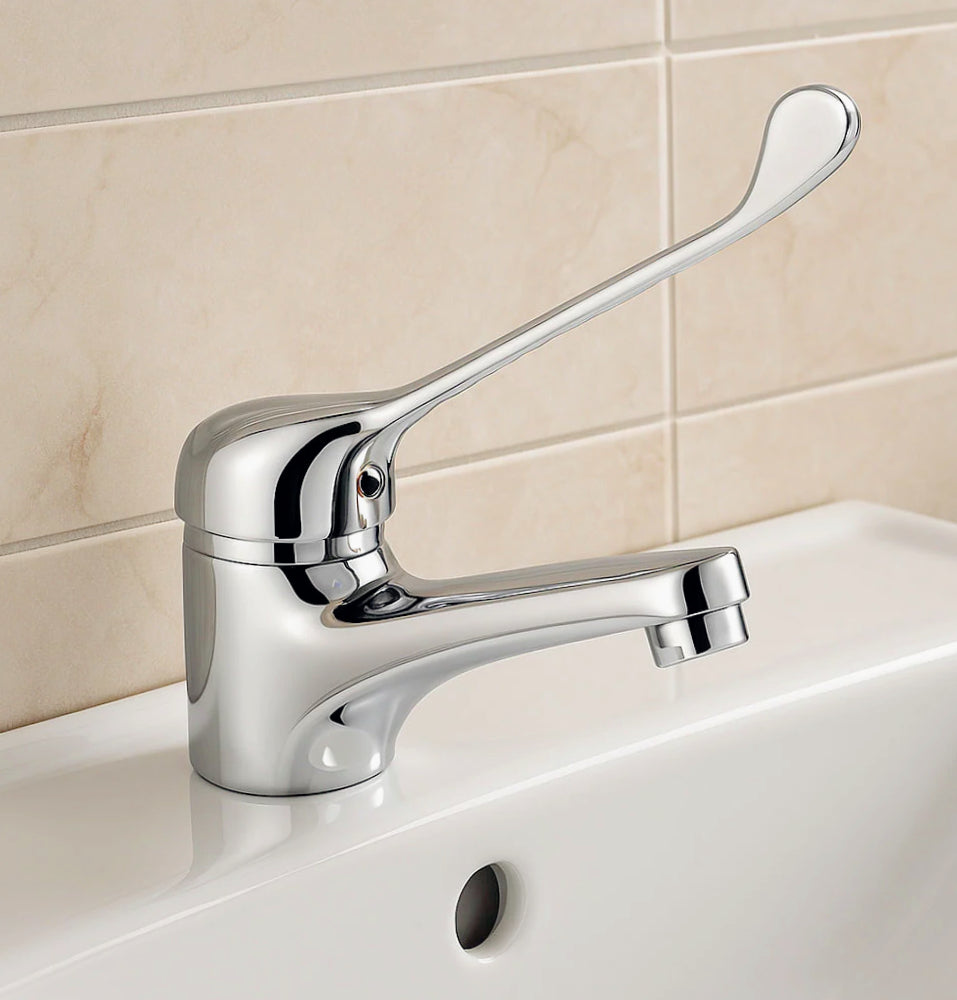 Rubinetto lavabo maniglia a leva lunga clinica, ottone cromato - igienico e resistente