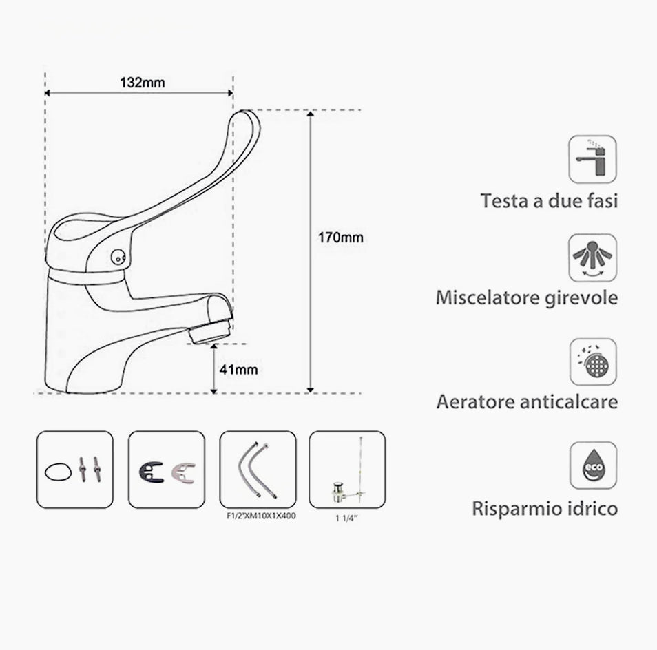 Rubinetto lavabo maniglia a leva lunga clinica, ottone cromato - igienico e resistente