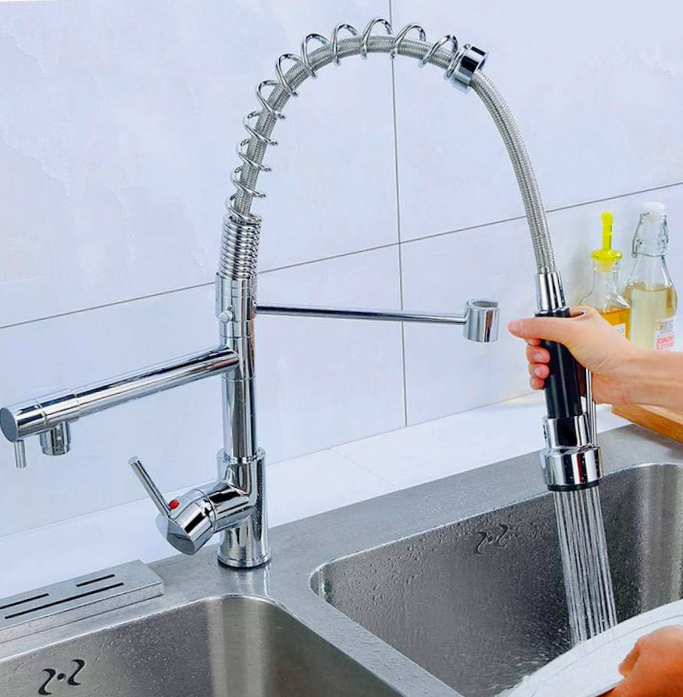 Rubinetto lavello cucina canna alta 2 vie con doccetta cromato - funzionale e moderno