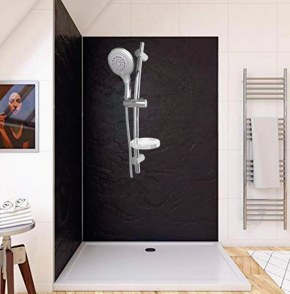 Saliscendi cromato 70 cm con soffione multigetto e staffa porta-sapone - ambraled