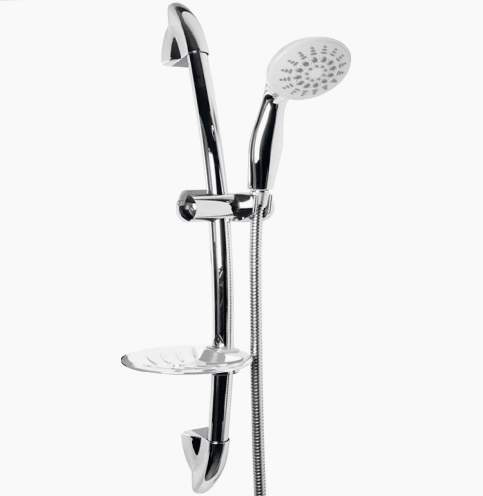 Saliscendi cromato 70 cm con soffione multigetto e staffa porta-sapone - ambraled