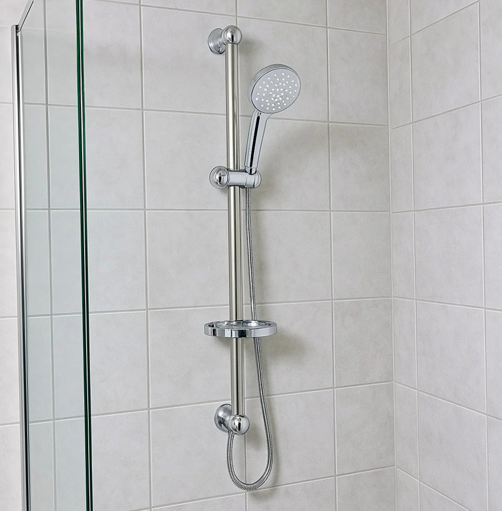 Saliscendi doccia grigio con portasapone e soffione multigetto - ambraled
