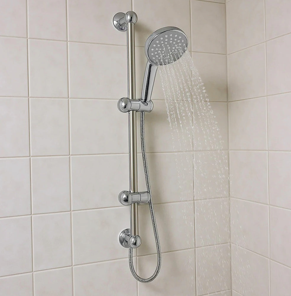 Saliscendi doccia grigio con portasapone e soffione multigetto - ambraled