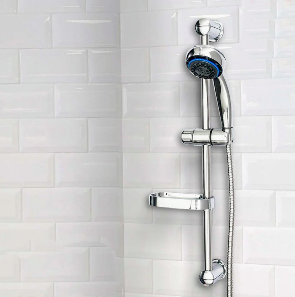 Saliscendi doccia in grigio con asta a colonna, portasapone e soffione multigetto - ambraled