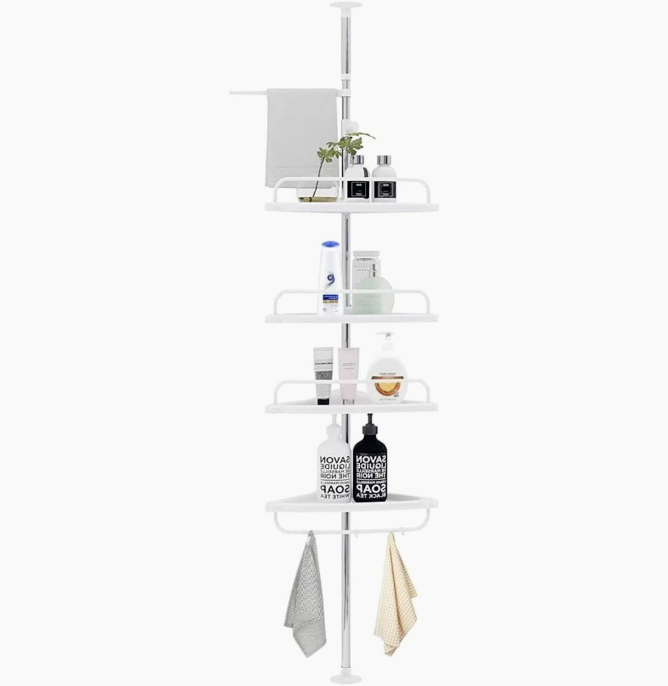 Scaffale angolare telescopico 4 ripiani da bagno/doccia con 4 ganci - ambraled