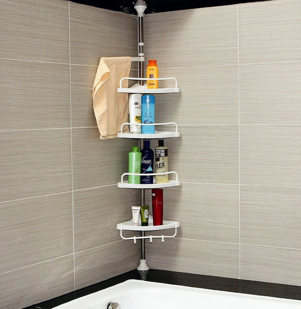 Scaffale angolare telescopico 4 ripiani da bagno/doccia con 4 ganci - ambraled