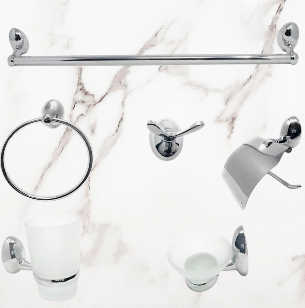 Set bagno moderno 6 pezzi in acciaio cromato e vetro satinato - ambraled