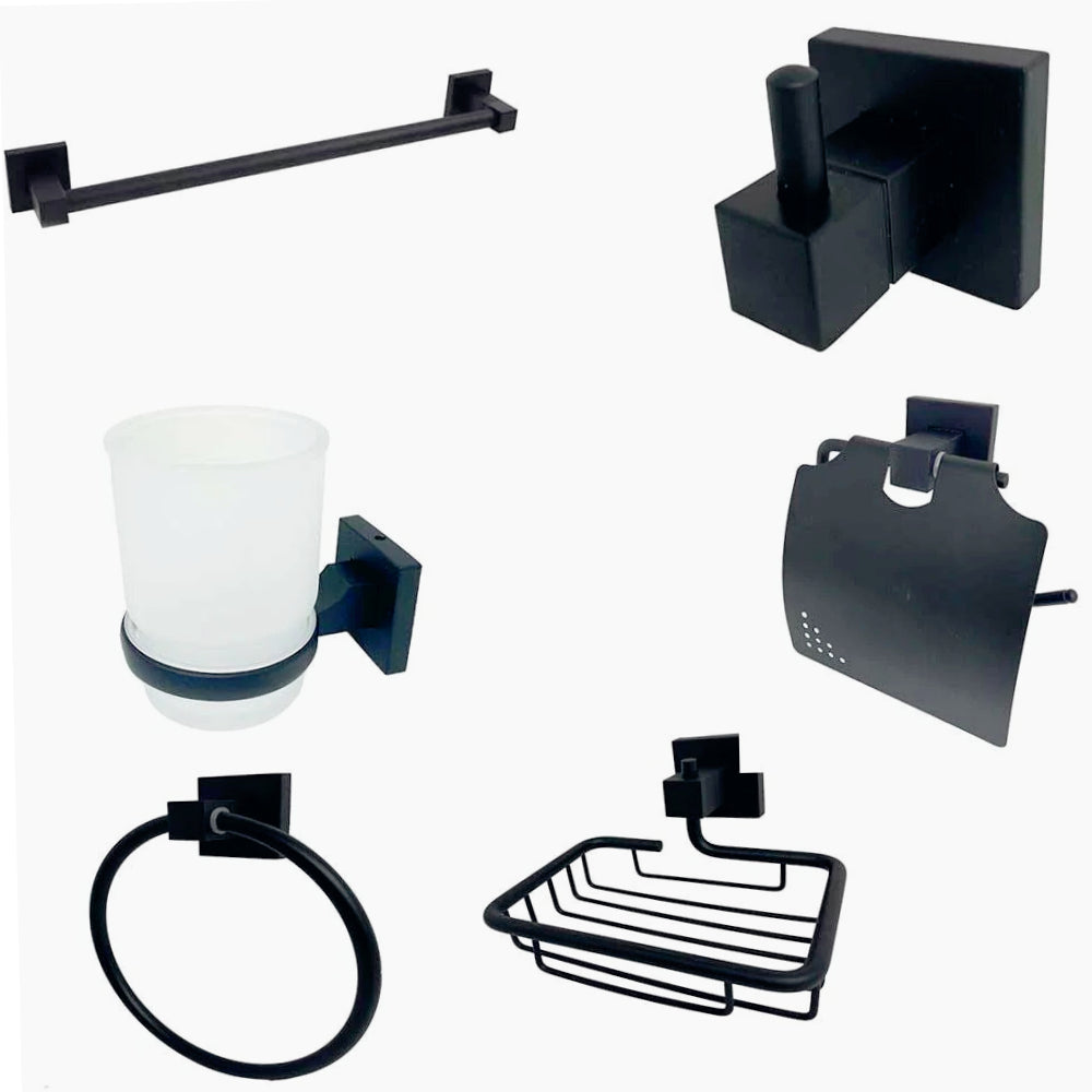 Set bagno moderno 6 pezzi in acciaio nero e vetro satinato (quadrato) - ambraled