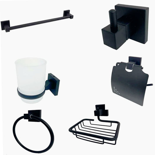 Set bagno moderno 6 pezzi in acciaio nero e vetro satinato (quadrato) - ambraled