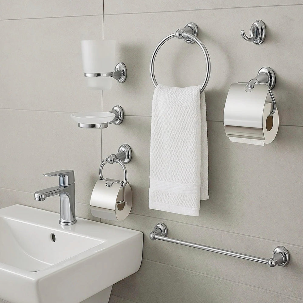 Set di 6 accessori bagno in acciaio cromato e vetro satinato opaco - ambraled
