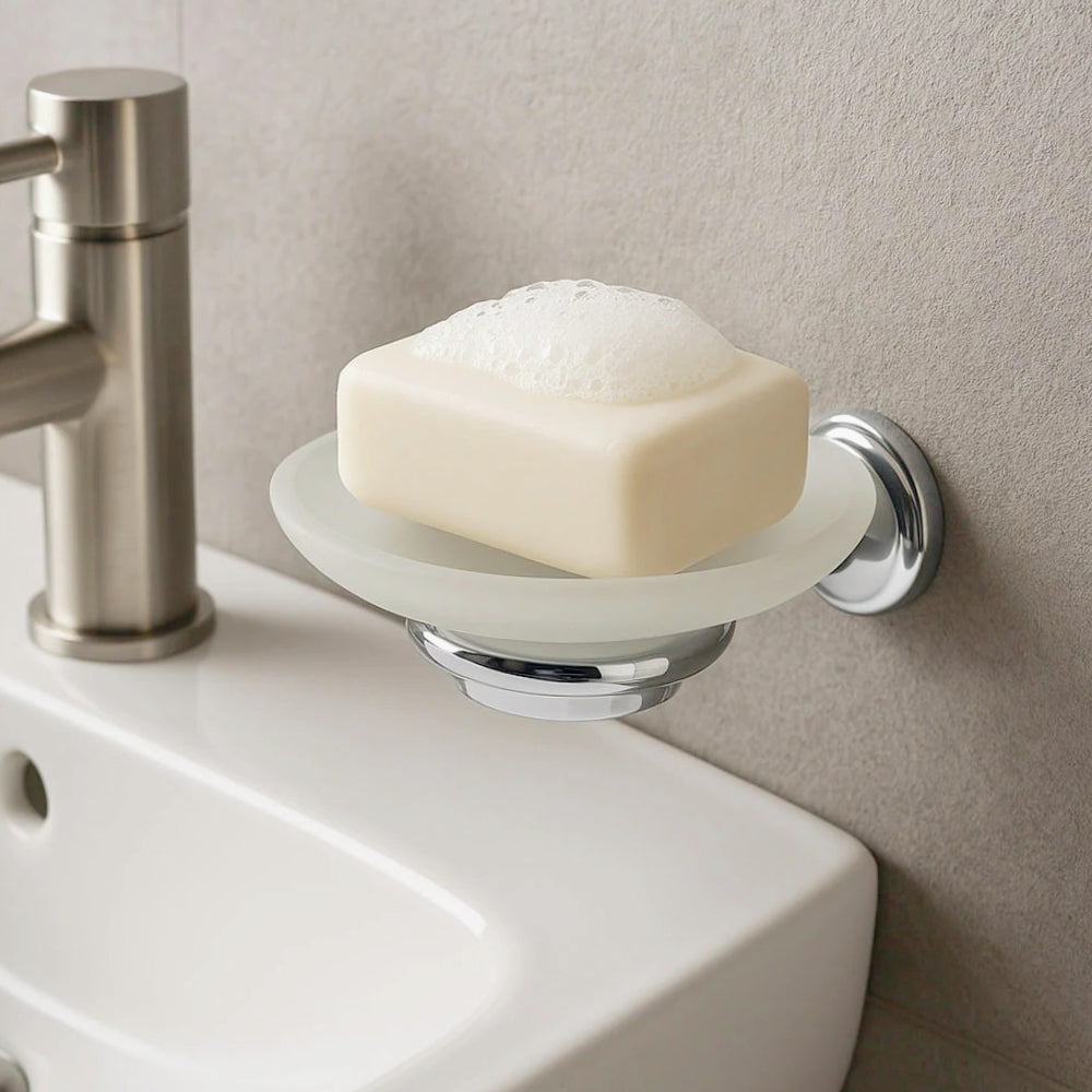 Set di 6 accessori bagno in acciaio cromato e vetro satinato opaco - ambraled