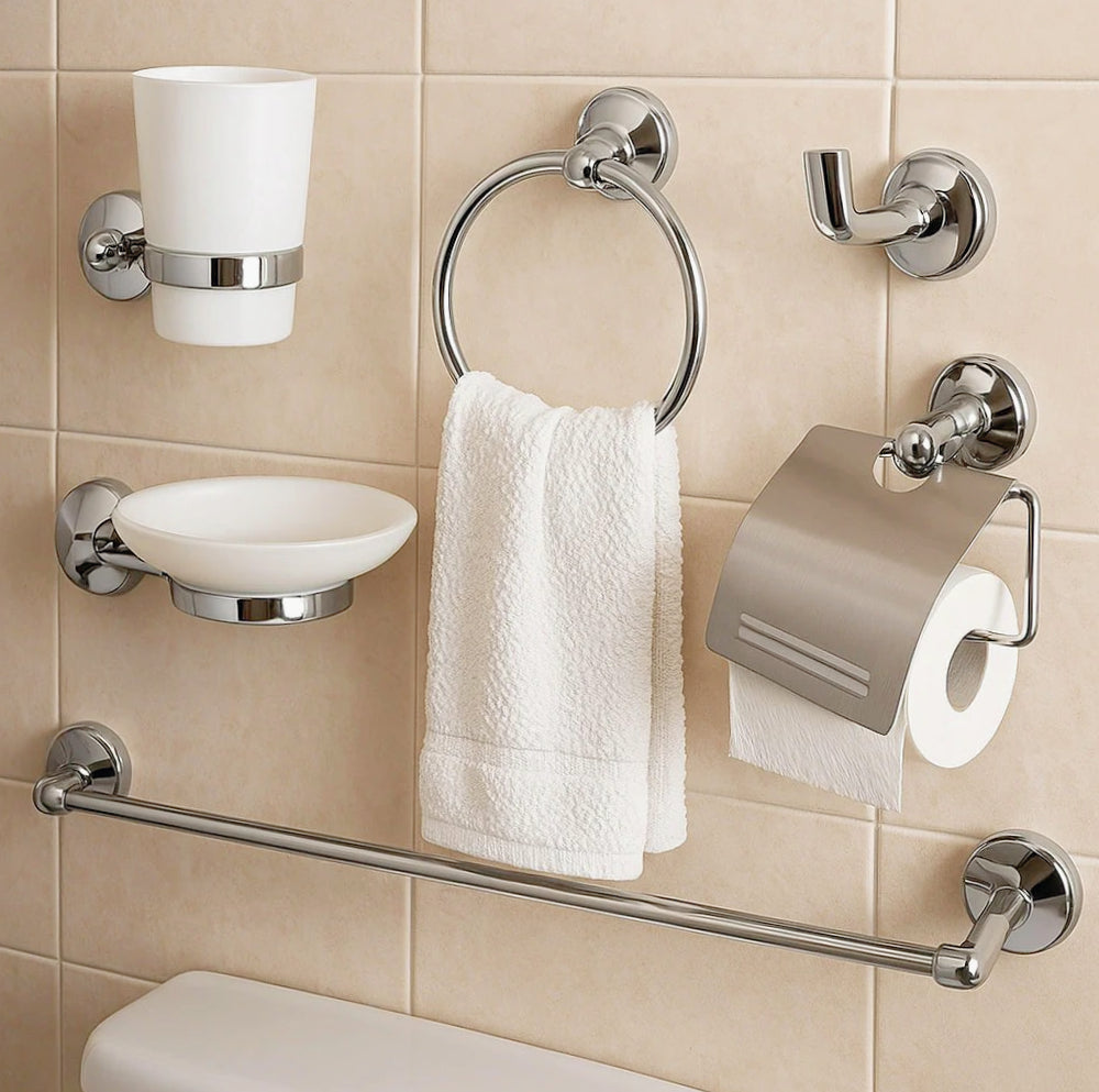 Set accessori bagno 6 pezzi in acciaio cromato e vetro satinato - ambraled