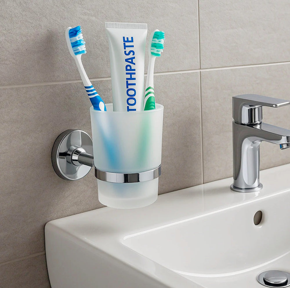 Set accessori bagno 6 pezzi in acciaio cromato e vetro satinato - ambraled