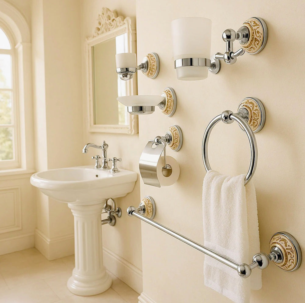 Set bagno 6 pezzi in acciaio lucido, vetro satinato e ceramica - ambraled