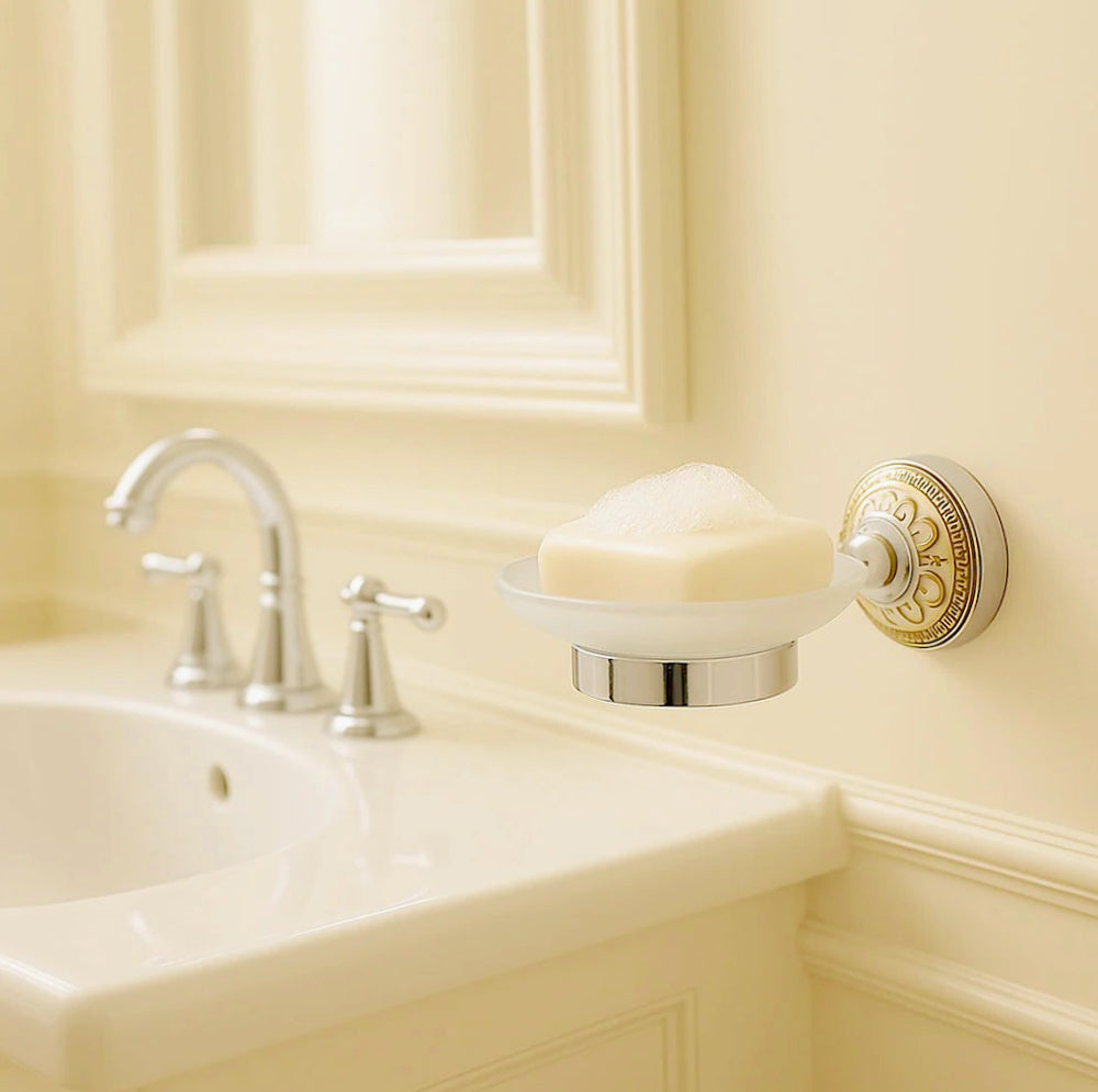 Set bagno 6 pezzi in acciaio lucido, vetro satinato e ceramica - ambraled
