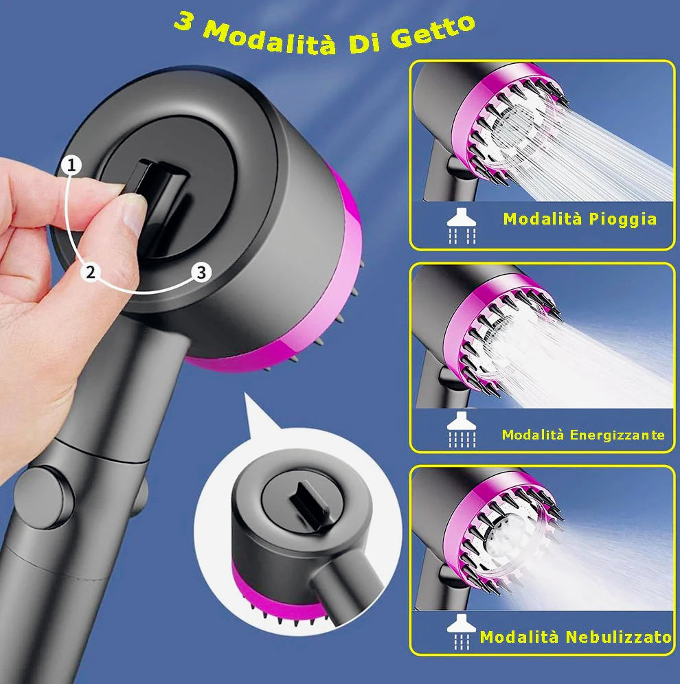 Soffione doccia 4 modalità di getto setole in silicone tasto ON/OFF - ambraled