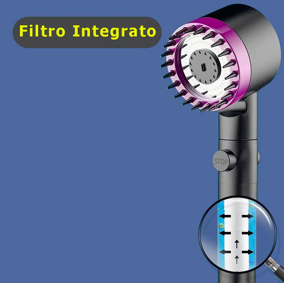 Soffione doccia 4 modalità di getto setole in silicone tasto ON/OFF - ambraled
