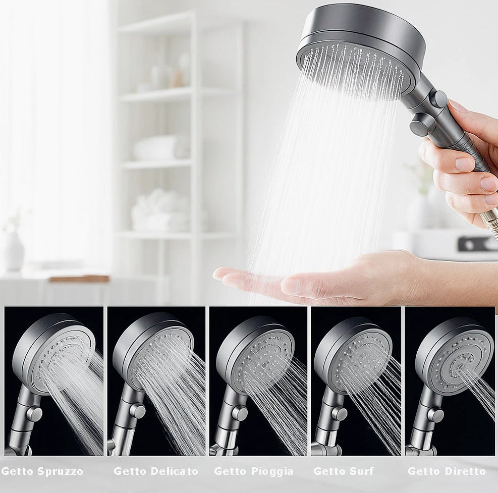 Soffione doccia 5 modalità getto con filtro anticalcare e tasto ON/OFF - ambraled