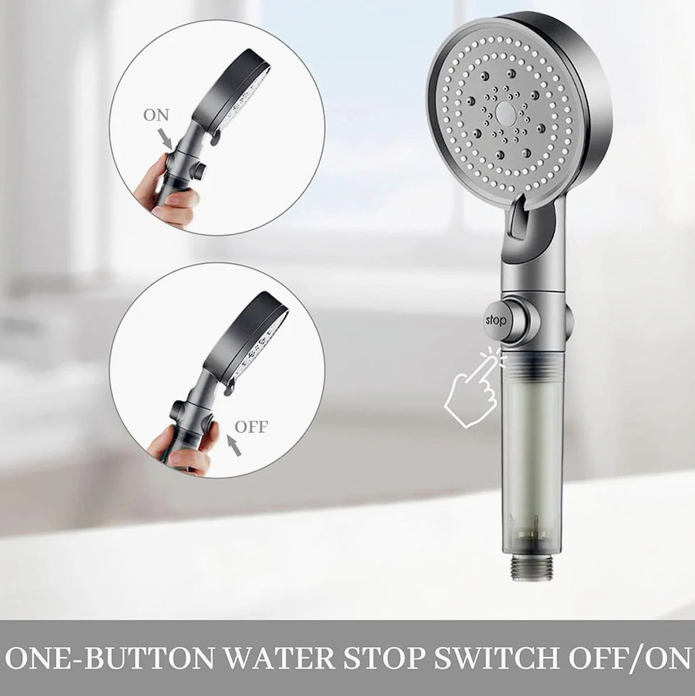 Soffione doccia 5 modalità getto con filtro anticalcare e tasto ON/OFF - ambraled