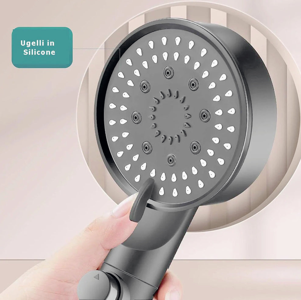 Soffione doccia 5 modalità getto con filtro anticalcare e tasto ON/OFF - ambraled
