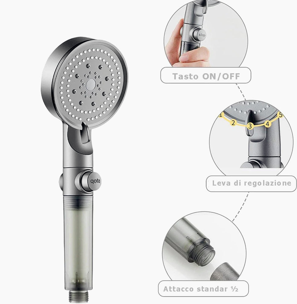 Soffione doccia 5 modalità getto con filtro anticalcare e tasto ON/OFF - ambraled