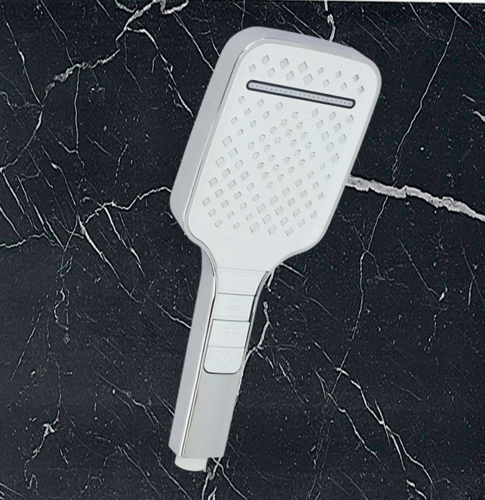 Soffione doccia quadrato 3 modalità getto, tasto on/off, attacco ½ pollice - ambraled