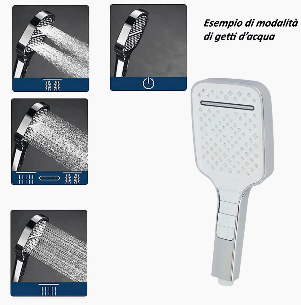 Soffione doccia quadrato 3 modalità getto, tasto on/off, attacco ½ pollice - ambraled