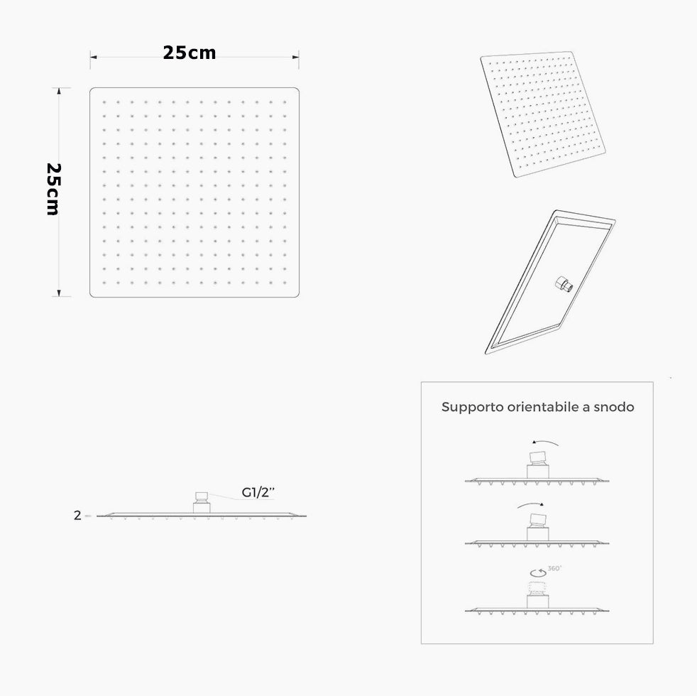 Soffione doccia quadrato ultra slim 25x25 cm, cromatura oro satinato, attacco ½ pollice per muro - ambraled