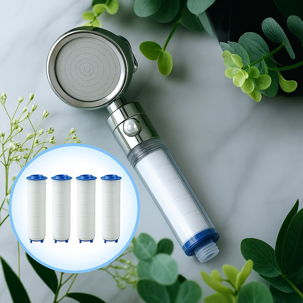 Soffione doccia con filtro anticalcare 3 getti d'acqua tasto ON/OFF - ambraled